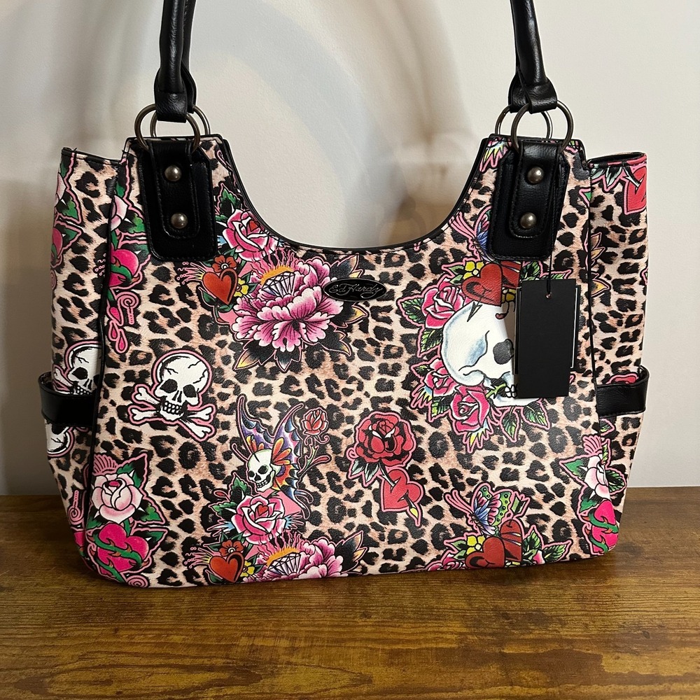 New Ed Hardy Leopard Print Skull Tote Shoulder Handbag Y2K Roses Floral Pink